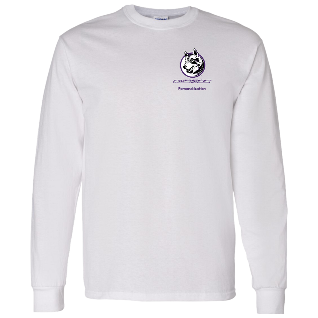 Logo with Purple custom text G540 Gildan LS T-Shirt 5.3 oz.