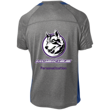 Load image into Gallery viewer, Logo with Purple custom text YST361 Sport-Tek Youth Colorblock Performance T-Shirt